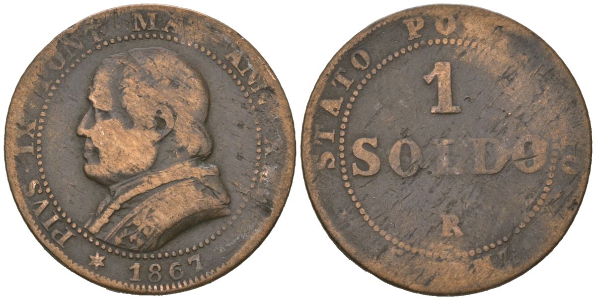 Папская область 1 сольдо = 5 центов 1867 R, Пий IX (1846-1878) KM 1372.2 медь 92-712