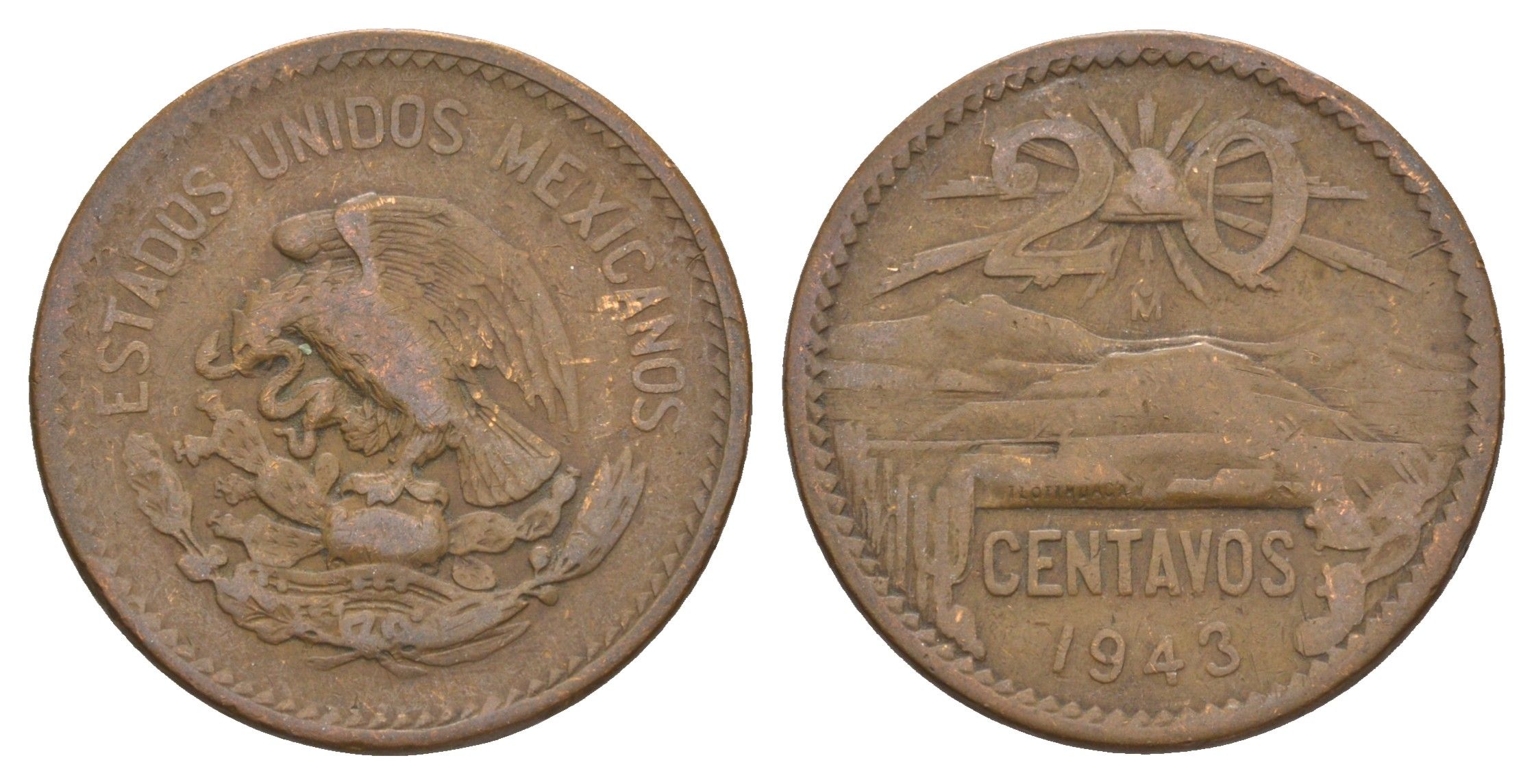 Мексика 20 сентаво 1943 KM 439 бронза 4656-1153