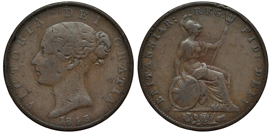 Великобритания 1/2 пенни 1843 Виктория (1837-1901) KM 726, Spink 3949 медь 106-752