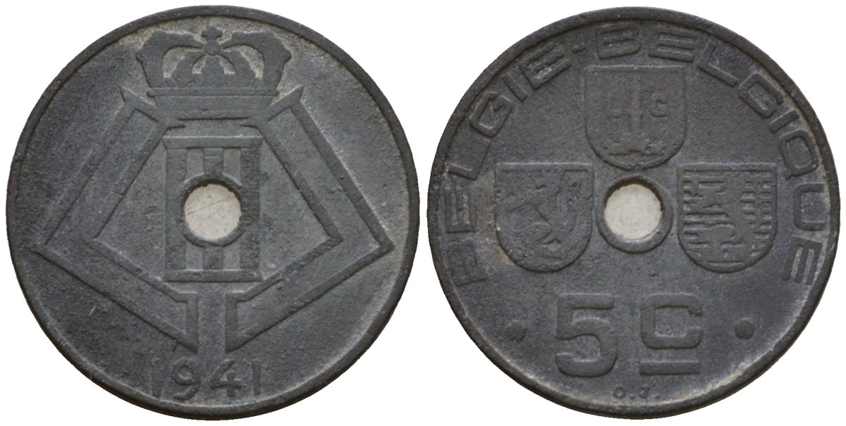 Бельгия 5 сантимов 1941 Belgie - Belgique KM 124 цинк 4543-134