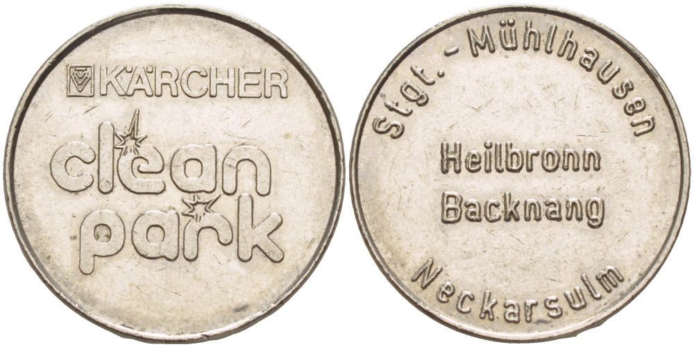 ГЕРМАНИЯ ЖЕТОН НА МОЙКУ АВТОМОБИЛЯ CLIAN PARK, LIPFART, STGT. MUHLHAUSEN, NECKARSULM белый металл 4544-837