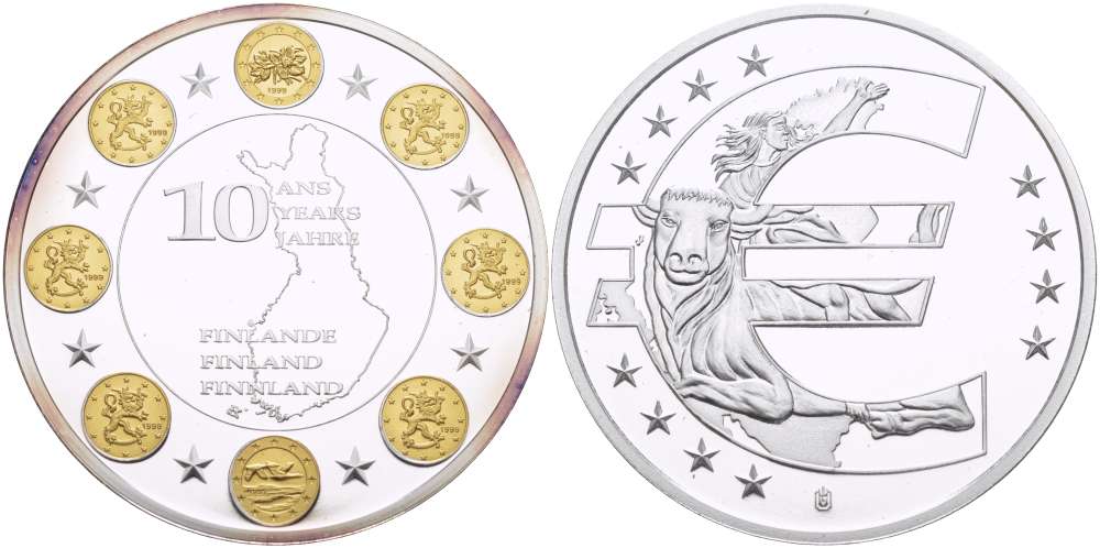 НИДЕРЛАНДЫ МЕДАЛЬ 2012 СЕРИЯ 10 ЛЕТ ЕВРО, ФИНЛЯНДИЯ, СЕРЕБРЕНИЕ, ПОЗОЛОТА, ДИАМЕТР 40 ММ., ПОХИЩЕНИЕ ЕВРОПЫ PROOF 1082-6-34