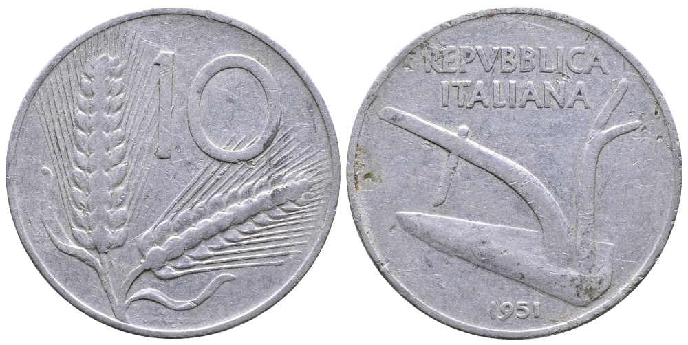ИТАЛИЯ 10 ЛИР 1951 R. ПЛУГ KM 93 алюминий 54-2024