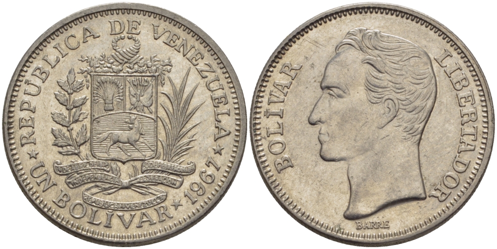 Венесуэла 1 боливар 1967 Симон Боливар KM 42 никель 31-527