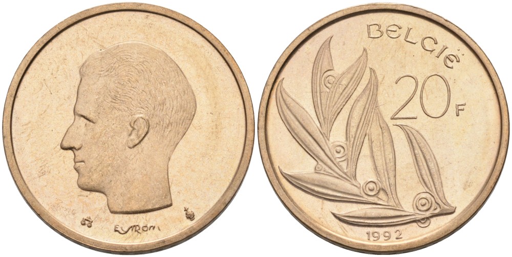 Бельгия 20 франков 1992 Belgie KM 160 никель бронза UNC 189-1011