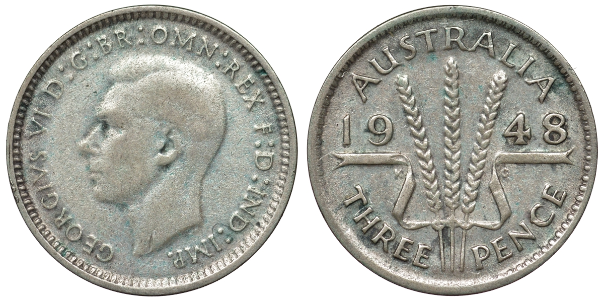 Австралия 3 пенса 1948 m, Георг VI (1937-1952), без букв KM 37a серебро 71-223