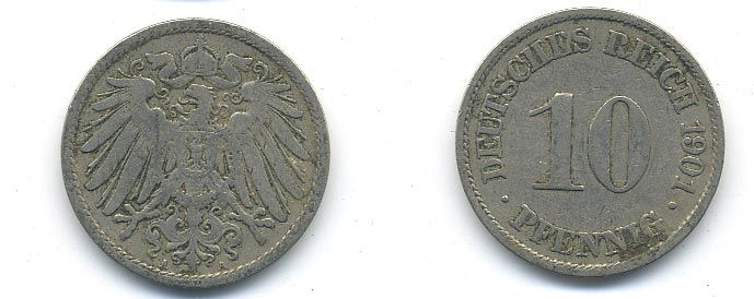 ГЕРМАНИЯ 10 ПФЕННИГОВ 1901 A KM 12, J. 13 медно-никель 58-237