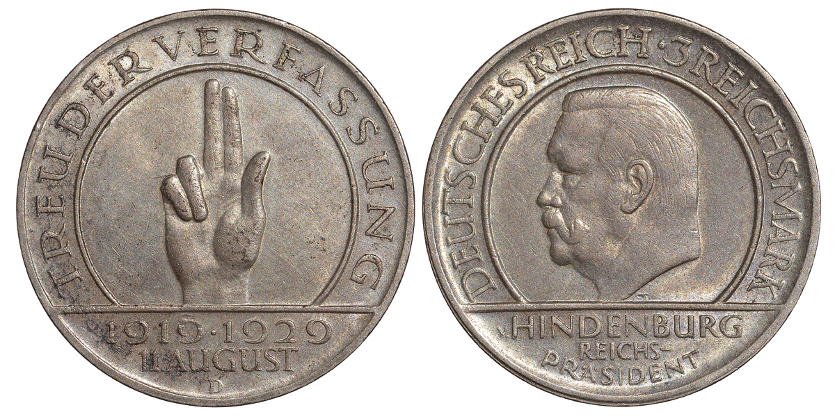 Германия 3 марки 1929 D, 10 лет Веймарской Конституции, цена по каталогу МТ 100 евро J. 340, KM 63 серебро 413-4022