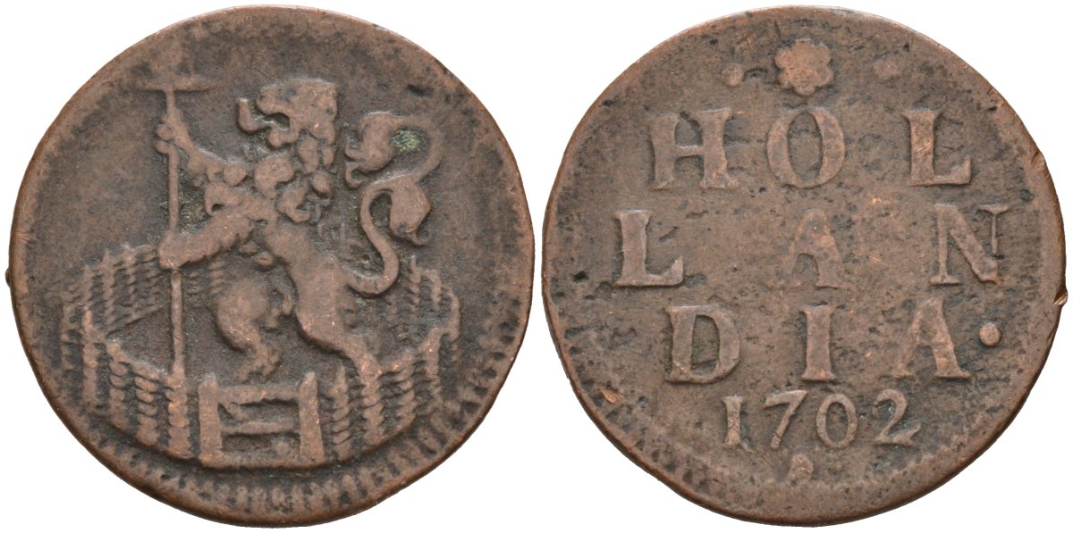 Голландия (Holland), Нидерланды 1 дуит 1702 KM 80 медь 4575-1256