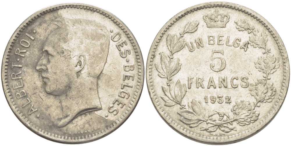 БЕЛЬГИЯ 5 ФРАНКОВ 1932 АЛЬБЕРТ I, DES BELGES KM 97.1 никель 3851-223