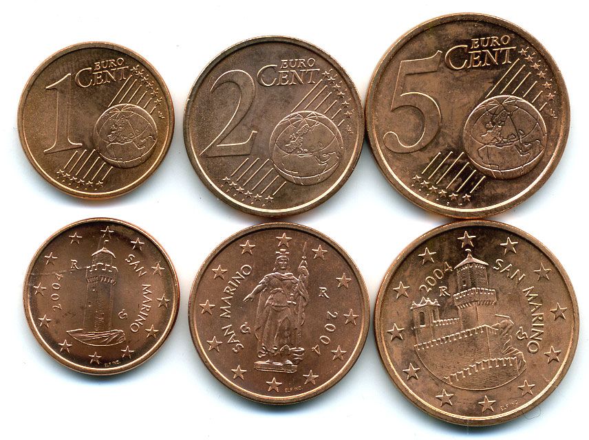 Сан-Марино лот из 3 монет 2004 1,2 и 5 евроцентов сталь плакированная медью UNC N5-58