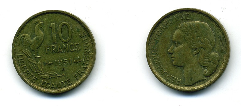Франция 10 франков 1951 B, петух KM 915.2, Le Franc 363.5 алюминиевая бронза 84-554