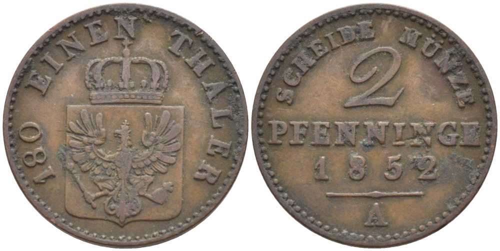 Пруссия 2 пфеннига 1852 А, Фридрих Вильгельм IV (1840-1861) KM 452, Jaeger 51, Olding 336, AKS 91 медь 201-563