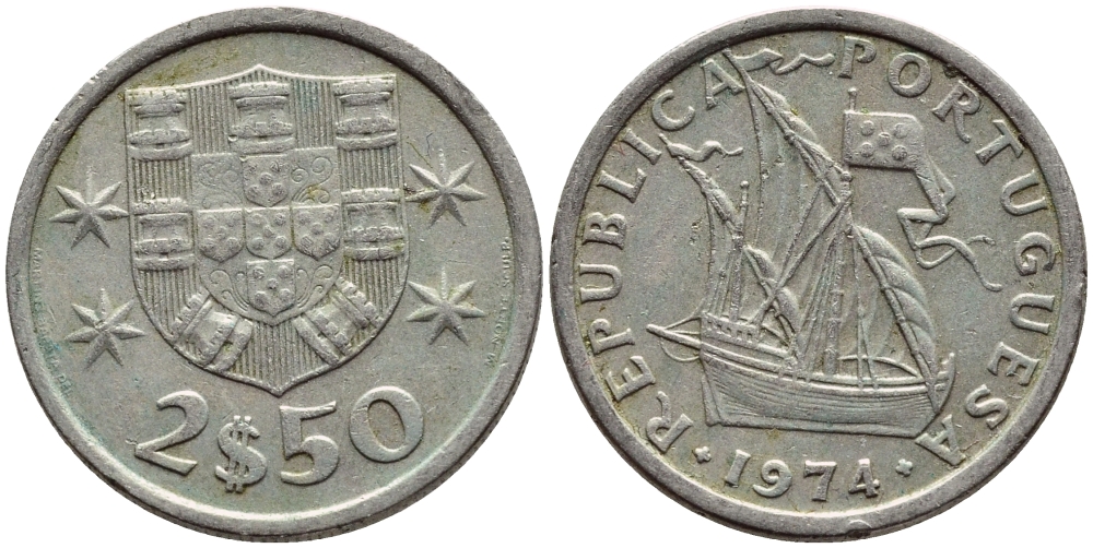 ПОРТУГАЛИЯ 2,5 ЭСКУДО 1974 ПАРУСНИК KM 590 медно-никель 4396-146