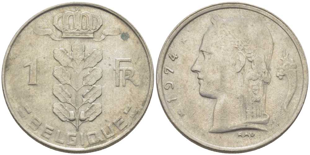 Бельгия 1 франк 1974 Belgique, Бодуэн I (1951-1993) KM 142.1 медно-никель 119-526