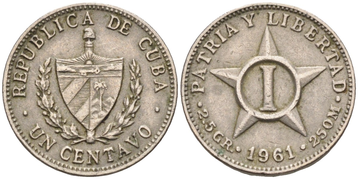 Куба 1 сентаво 1961 звезда, первая Республика (1902-1961) KM 9.2 медно-никель 4588-849
