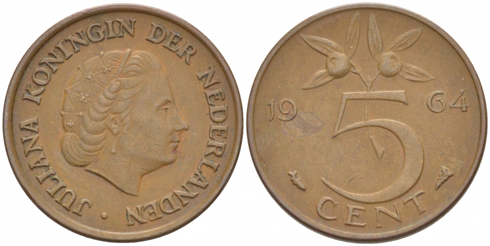 НИДЕРЛАНДЫ 5 ЦЕНТОВ 1964 ЮЛИАНА KM 181 бронза 214-818