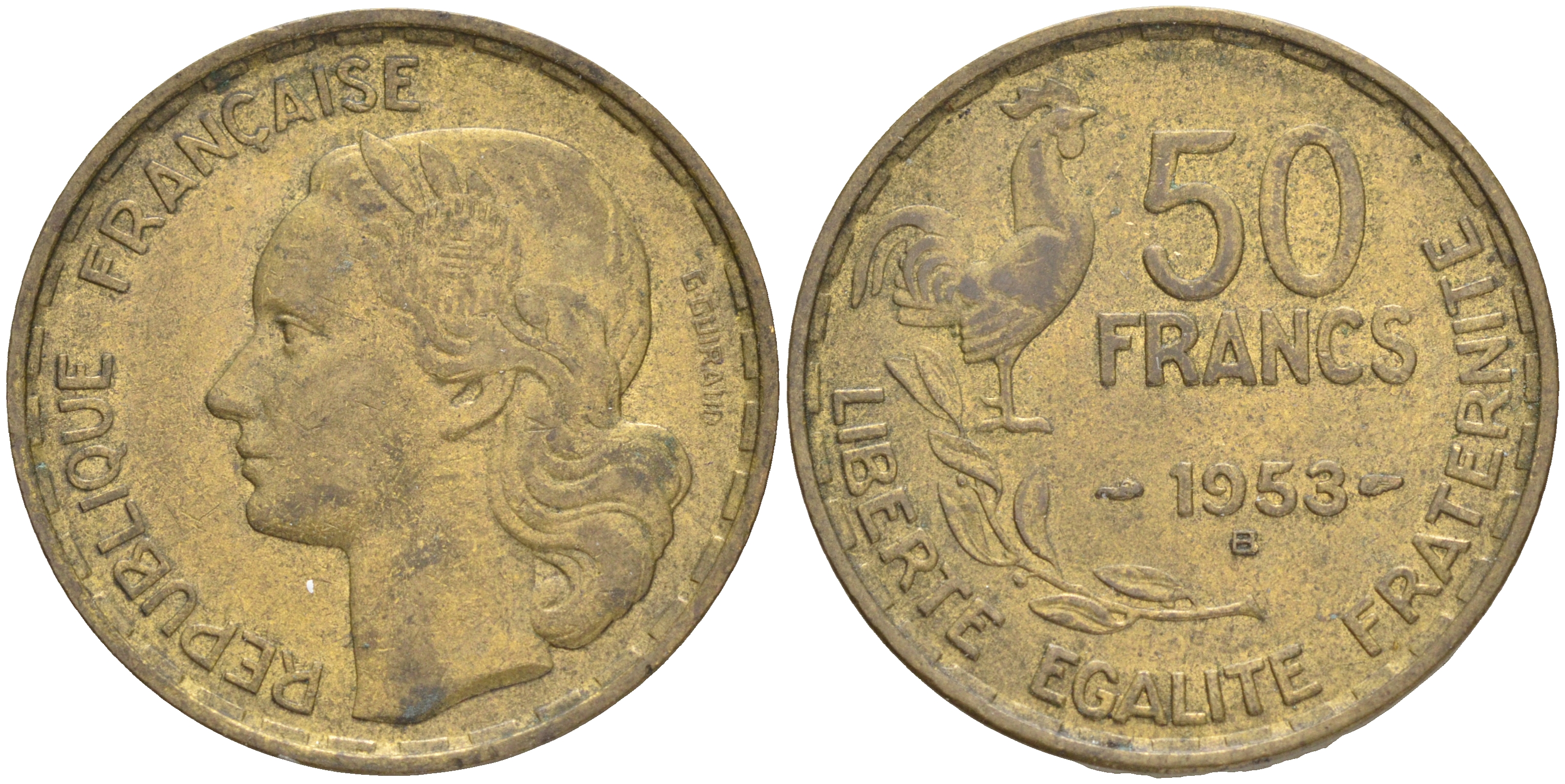 ФРАНЦИЯ 50 ФРАНКОВ 1953 В KM 918.2 алюминиевая бронза 189-325