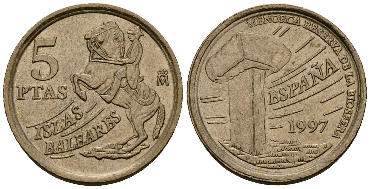 Испания 5 песет 1997 Хуан Карлос I (1975-2014), Балеарские острова, всадник KM 981 алюминиевая бронза 4173-714
