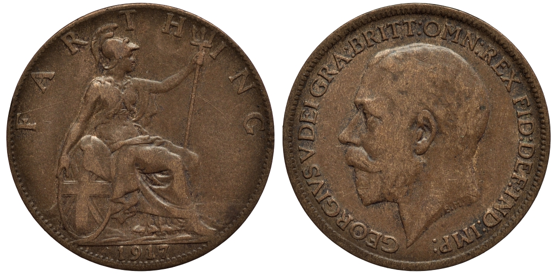 Великобритания 1 фартинг 1917 Георг V (1910-1936), темная отделка KM 808.1, Spink 4059 бронза 4114-733