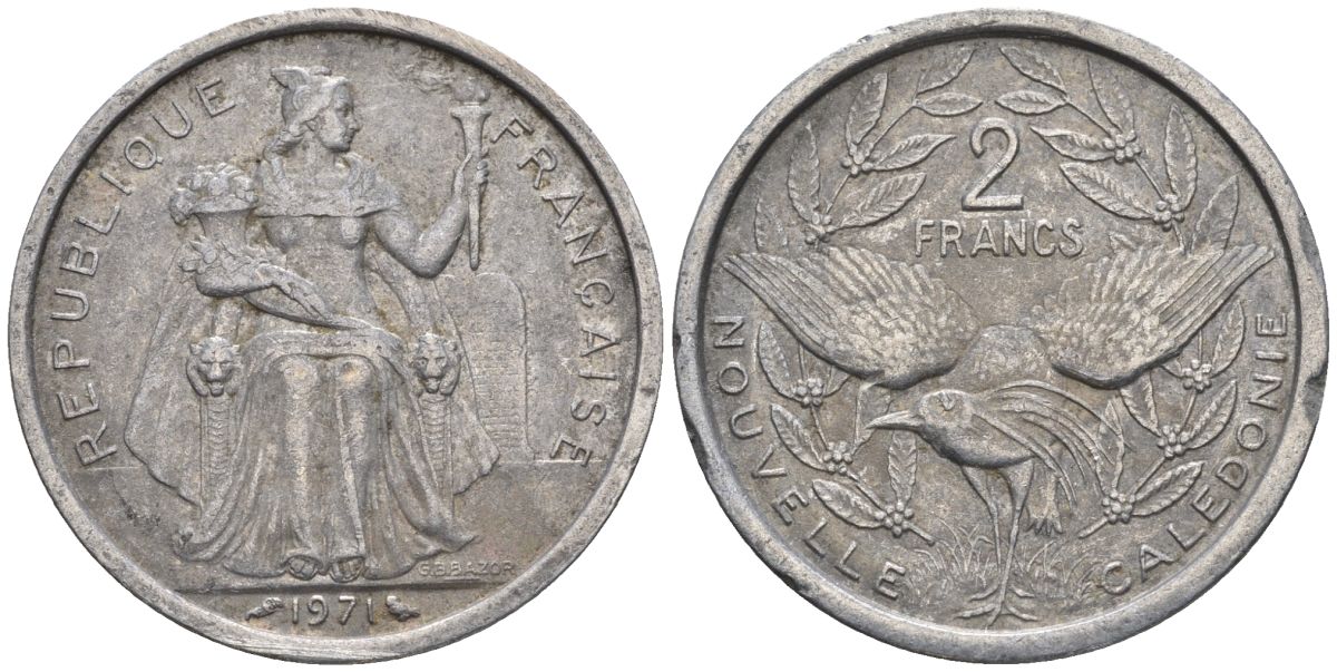 Французская Новая Каледония 2 франка 1971 птица кагу, (IEOM) KM 9, Schoen 6, Lec 56 алюминий    27-321