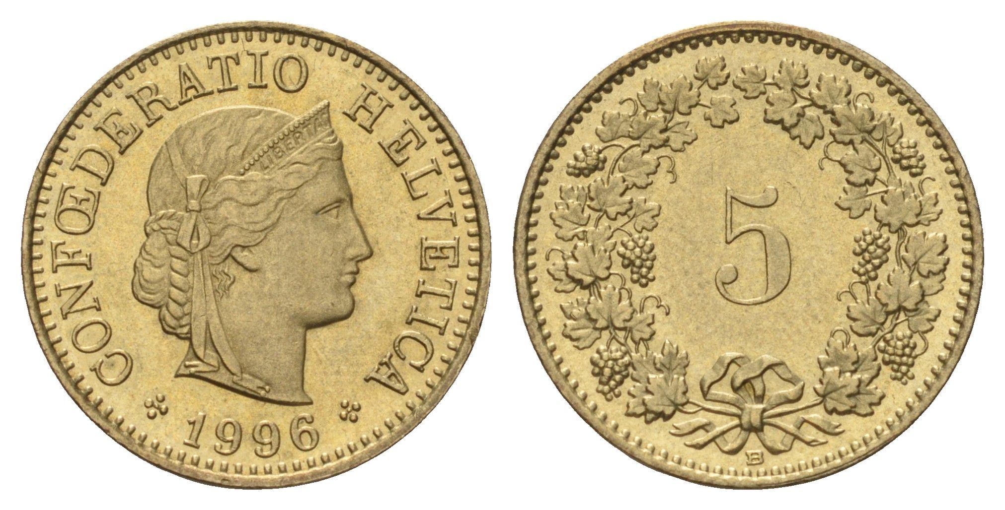 Швейцария 5 раппеноов 1996 B KM 26c алюминиевая бронза UNC 4682-132
