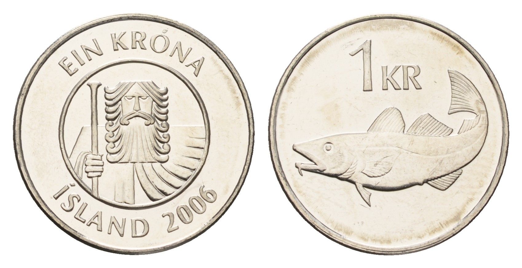Исландия 1 крона 2006 треска KM 27a сталь плакированная никелем UNC 4691-557