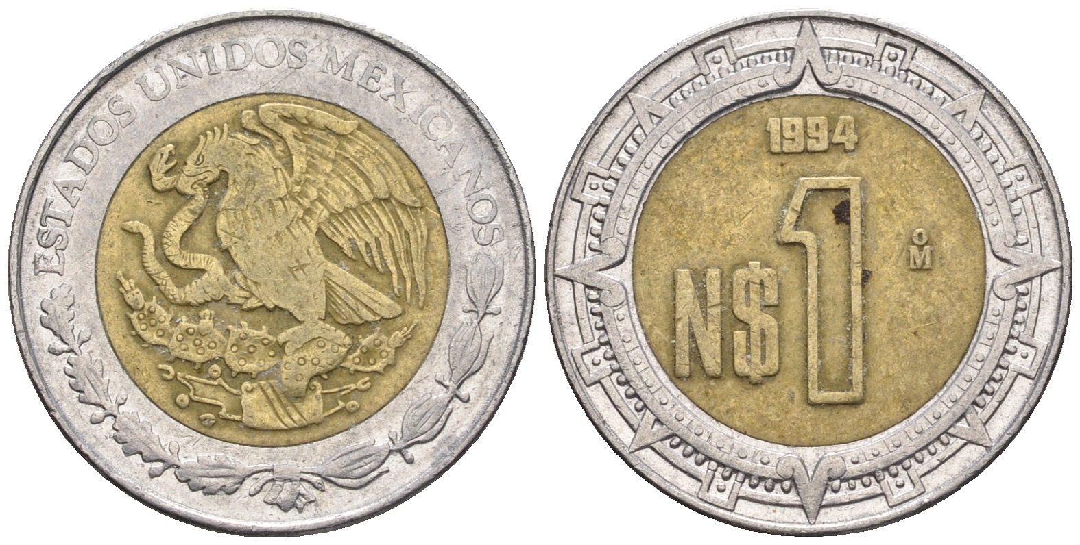 Мексика 1 песо 1994 KM 550 биметалл 87-722