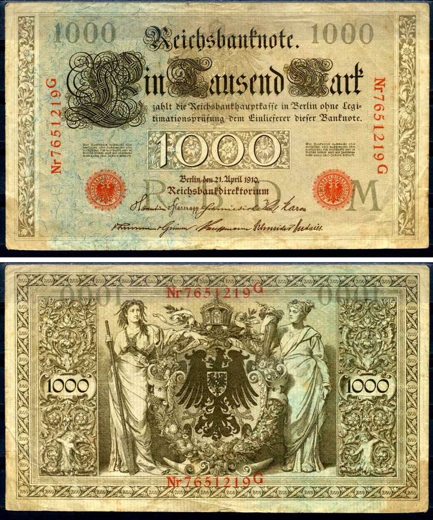 Германия 1000 марок 1910 21 апреля 1910, красная печать, номер семизначный, серия G, буква M, выпуск АПРЕЛЬ - ИЮЛЬ 1918 Pick 44 b бумага 8618-9-1-2