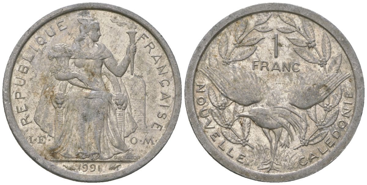 Французская Новая Каледония 1 франк 1991 птица кагу, (IEOM) KM 10, Schoen 10, Lec 51 алюминий 53-852