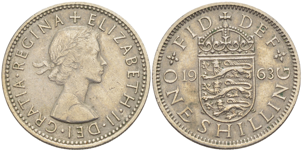 Великобритания 1 шиллинг 1963 Елизавета II (1952-2022), Английский герб KM 904, Spink 4147 медно-никель 83-1314