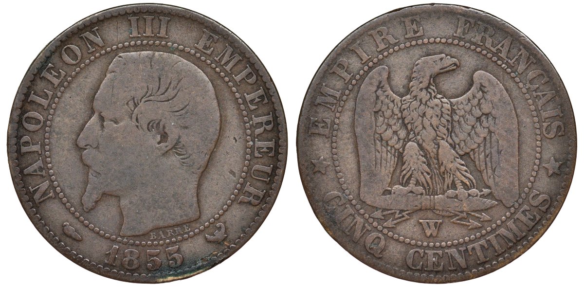 Франция 5 сантимов 1855 W, Наполеон III (1852-1870) KM 777.7, Le Franc 28 бронза 51-2213