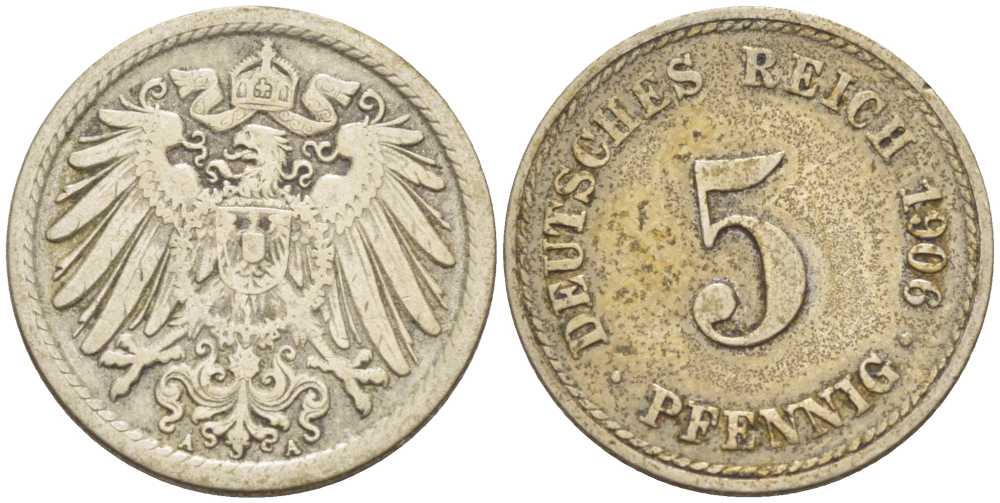 ГЕРМАНИЯ 5 ПФЕННИГОВ 1906 A KM 11, J. 12, Weege 6 медно-никель 206-943