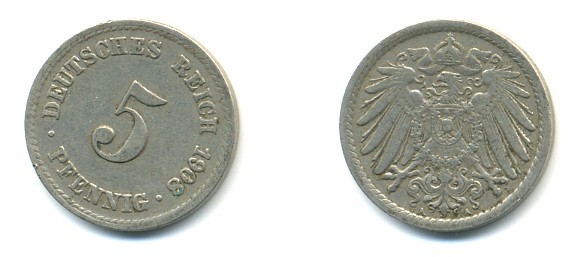 Германия 5 пфеннигов 1908 A KM 11, Jager 12, Weege 6 медно-никель 4379-552