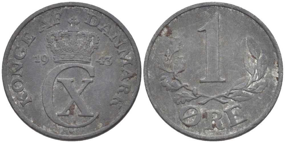 ДАНИЯ 1 ЭРЕ 1943 N; S, КРИСТИАН X (1912-1947) KM 832 цинк 4387-117