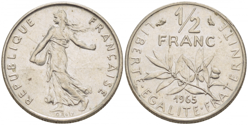 Франция 1/2 франка 1965 сеятель KM 931, Le Franc 198.3 никель 3309-1111