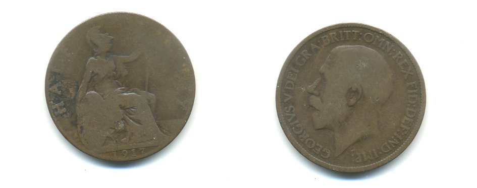 Великобритания 1/2 пенни 1917 Георг V (1910-1936) KM 809, Spink 4056 бронза 59-913