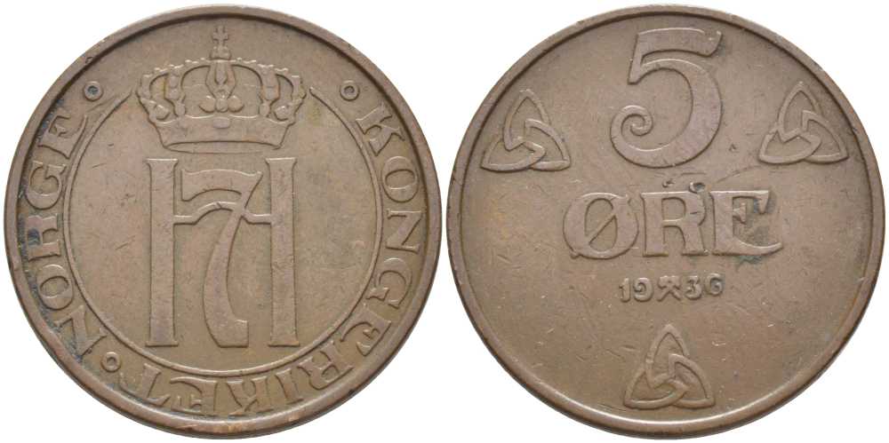 НОРВЕГИЯ 5 ЭРЕ 1936 ХОКОН VII (1905-1957) KM 368 бронза 111-646