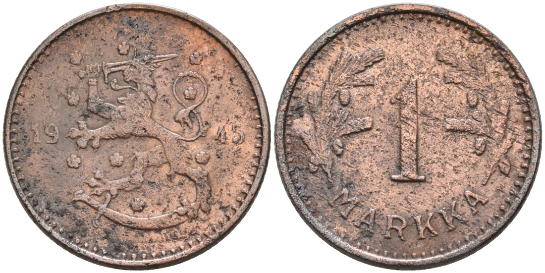 ФИНЛЯНДИЯ 1 МАРКА 1945 S KM 30b железо 4563-652