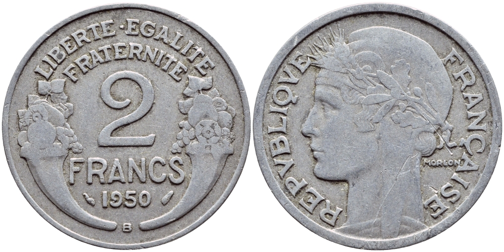 Франция 2 франка 1950 В KM 886а.2, Le Franc 269.17 алюминий 4397-755