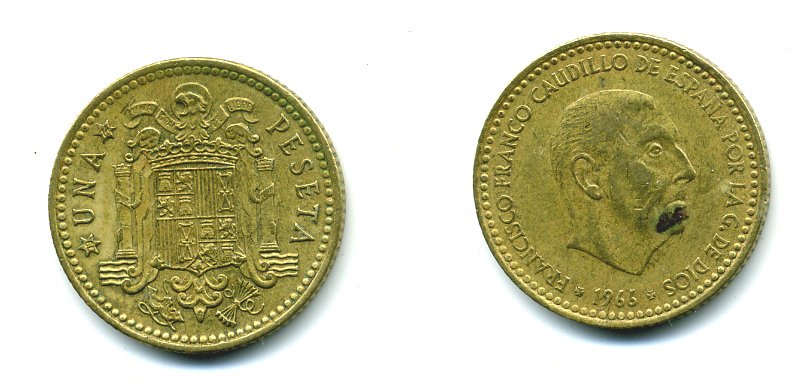 Испания 1 песета 1966 (74) Франсиско Франко (1939-1975) KM 796 алюминиевая бронза 54-256