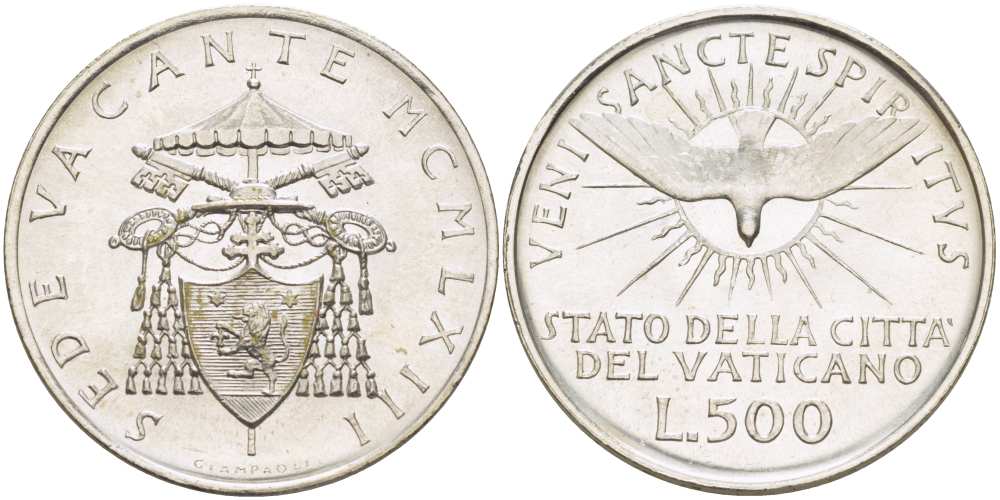 Ватикан 500 лир 1963 вакантный престол (Sede Wacante) KM 75 серебро 4512-814