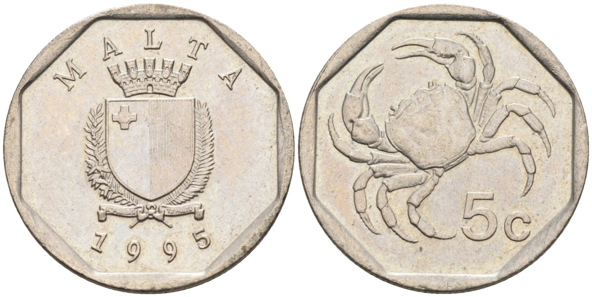Мальта 5 центов 1993 краб KM 95 медно-никель 4588-124