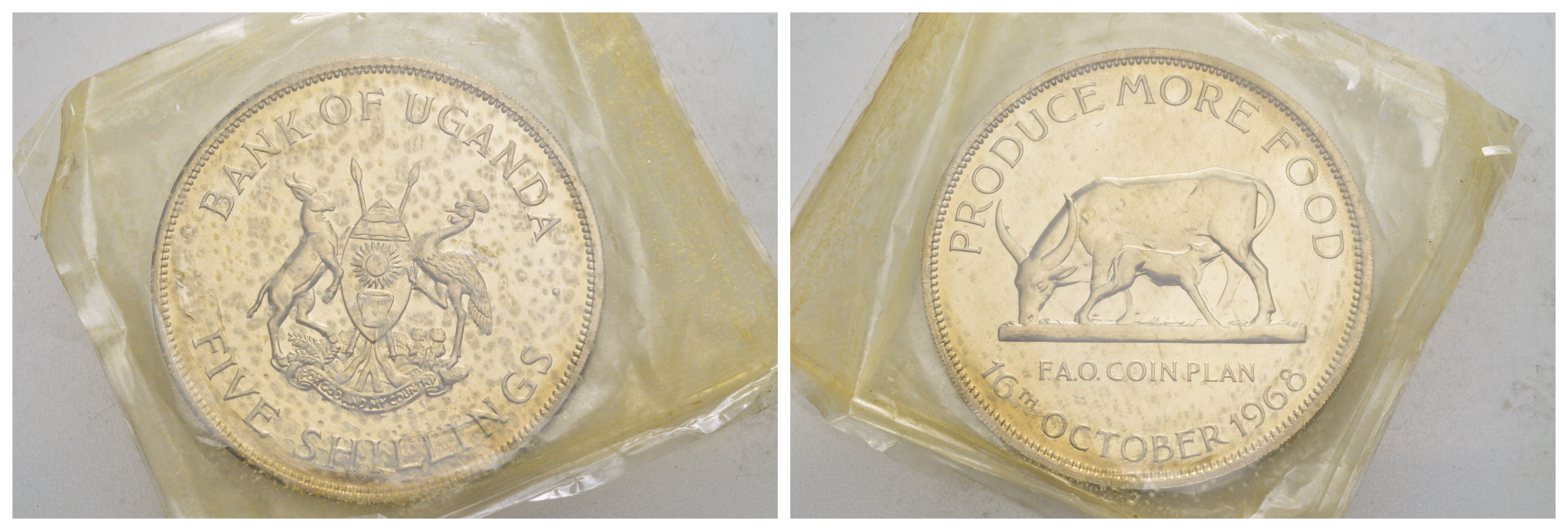 Уганда 5 шиллингов 1968 в запайке, ФАО, тираж 5.000 экземпляров KM 7 медно-никель PROOF 413-1735