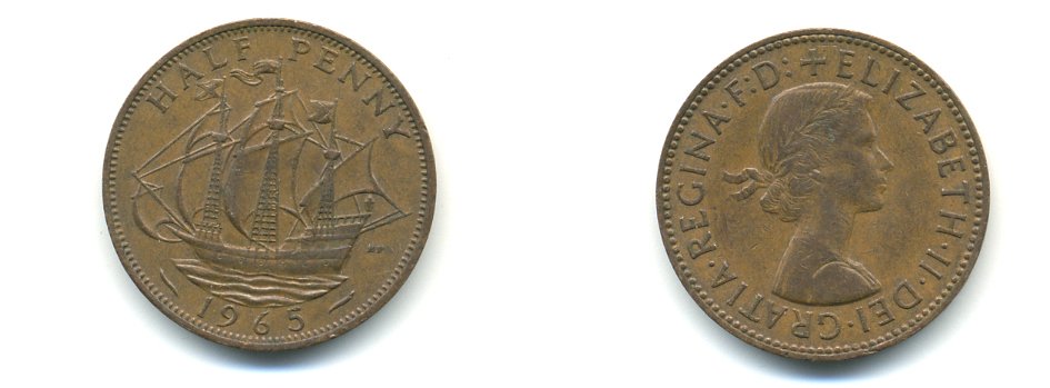 Великобритания 1/2 пенни 1965 Елизавета II (1952-2022) KM 896, Spink 4158 бронза 59-1321