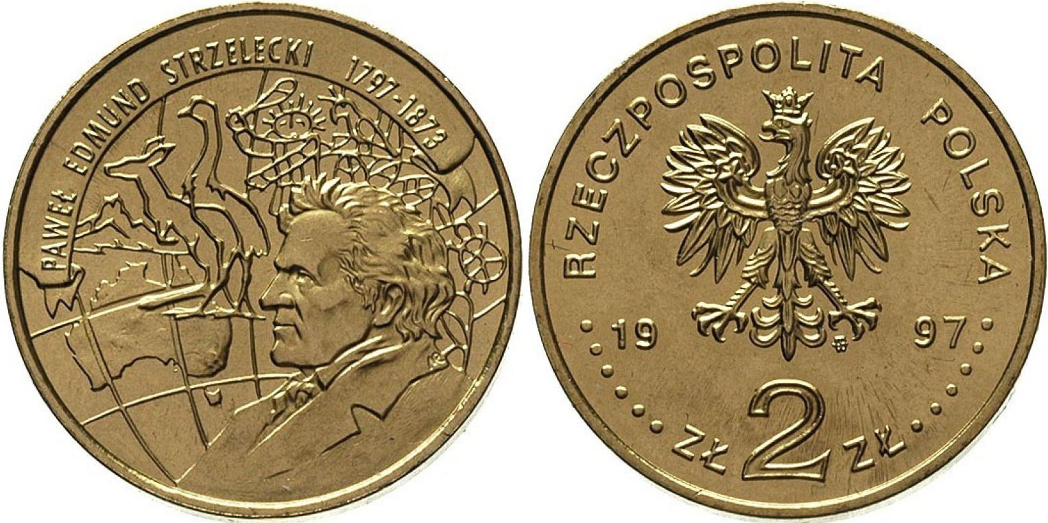 Польша 2 злотых 1997 MW, 200-летие со дня рождения исследователя Павла Эдмунда Стшелецкого KM 333 нордик  UNC  4521-126