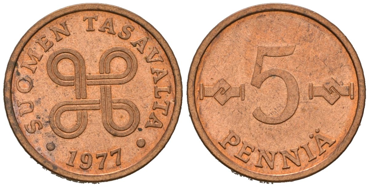 Финляндия 5 пенни 1977 KM 45 медь 99-848