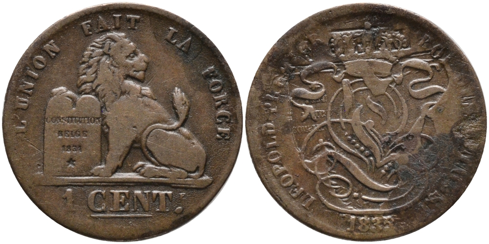 БЕЛЬГИЯ 1 САНТИМ 1835/2 BELGES KM 1.1 медь 4381-632