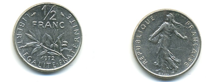 Франция 1/2 франка 1972 сеятель KM 931.1, LE FRANC 198.11 никель 80-912