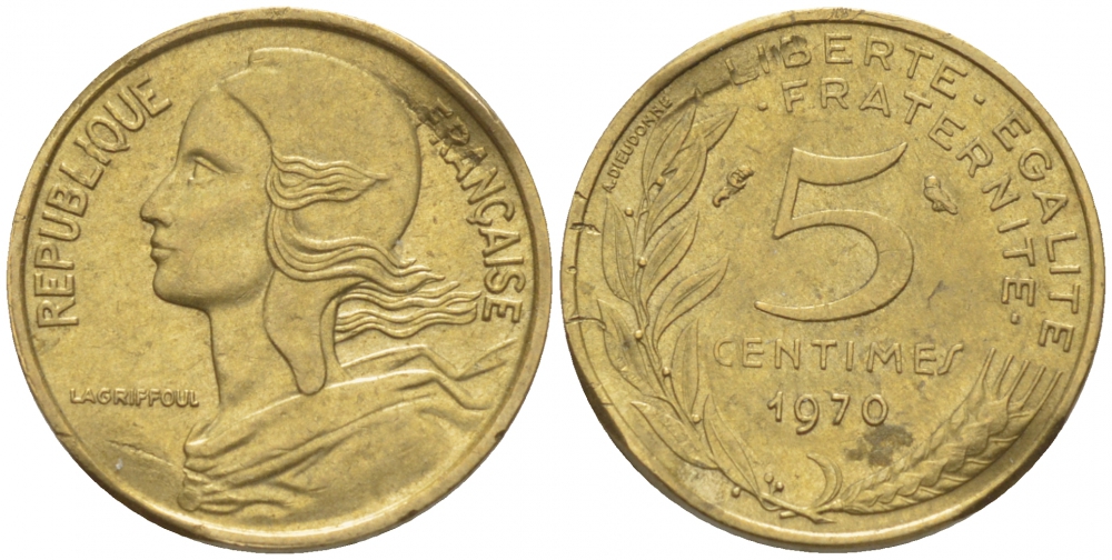 ФРАНЦИЯ 5 САНТИМОВ 1970 ТИП MARIANNE KM 933 медь алюминий никель 3309-1039